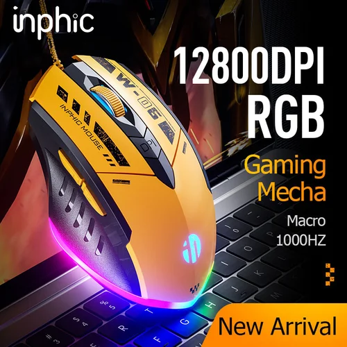 INPHIC W6 RGB Wired Gaming Mouse 12800DPI Optical Mouse 6 Programmable Buttons 1000Hz USB Laptop PC Mouse for Windows 7/8/10/XP